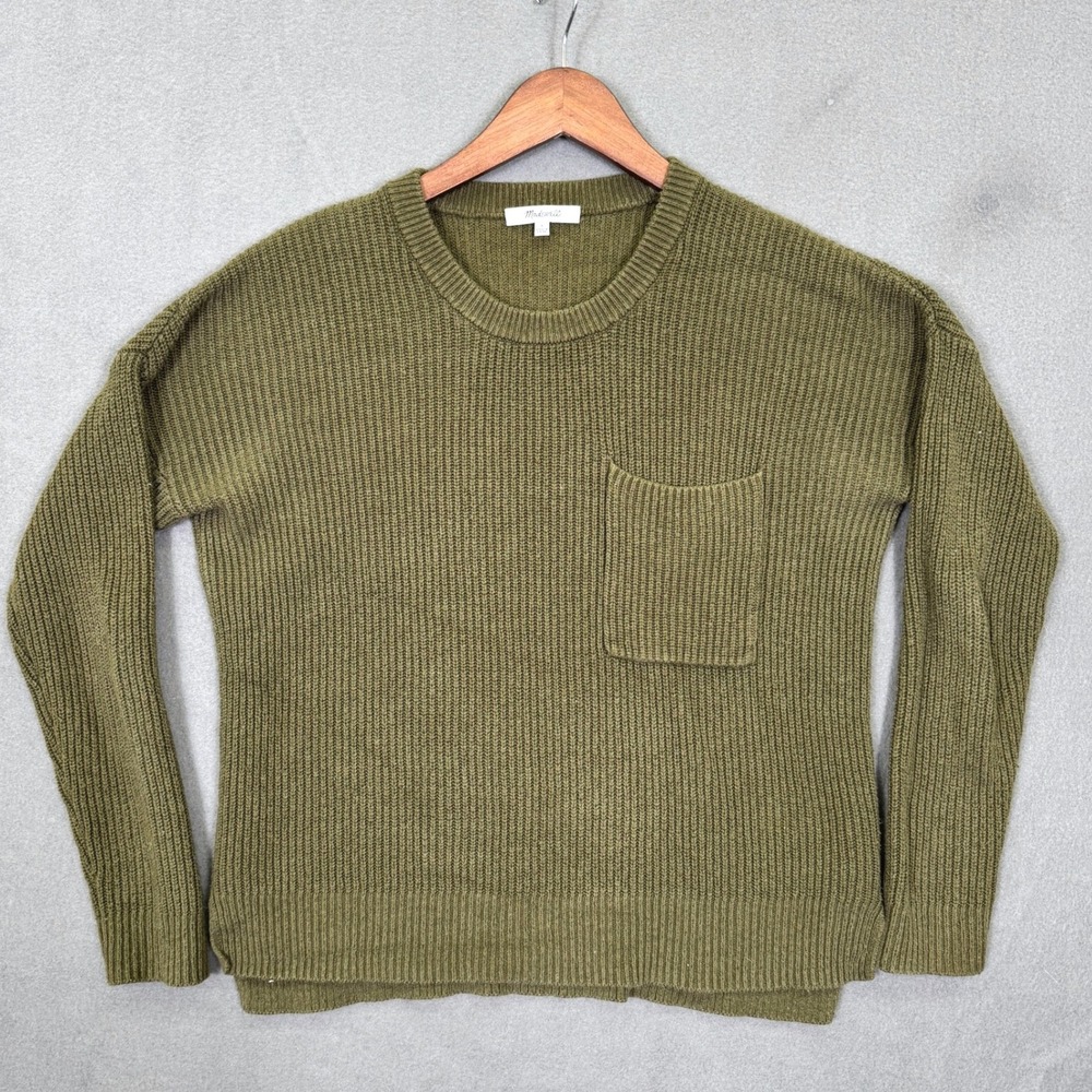 Madewell Sweater Women S Green Ribbed Knit Pocket Pullover Long Sleeve AA782 Top